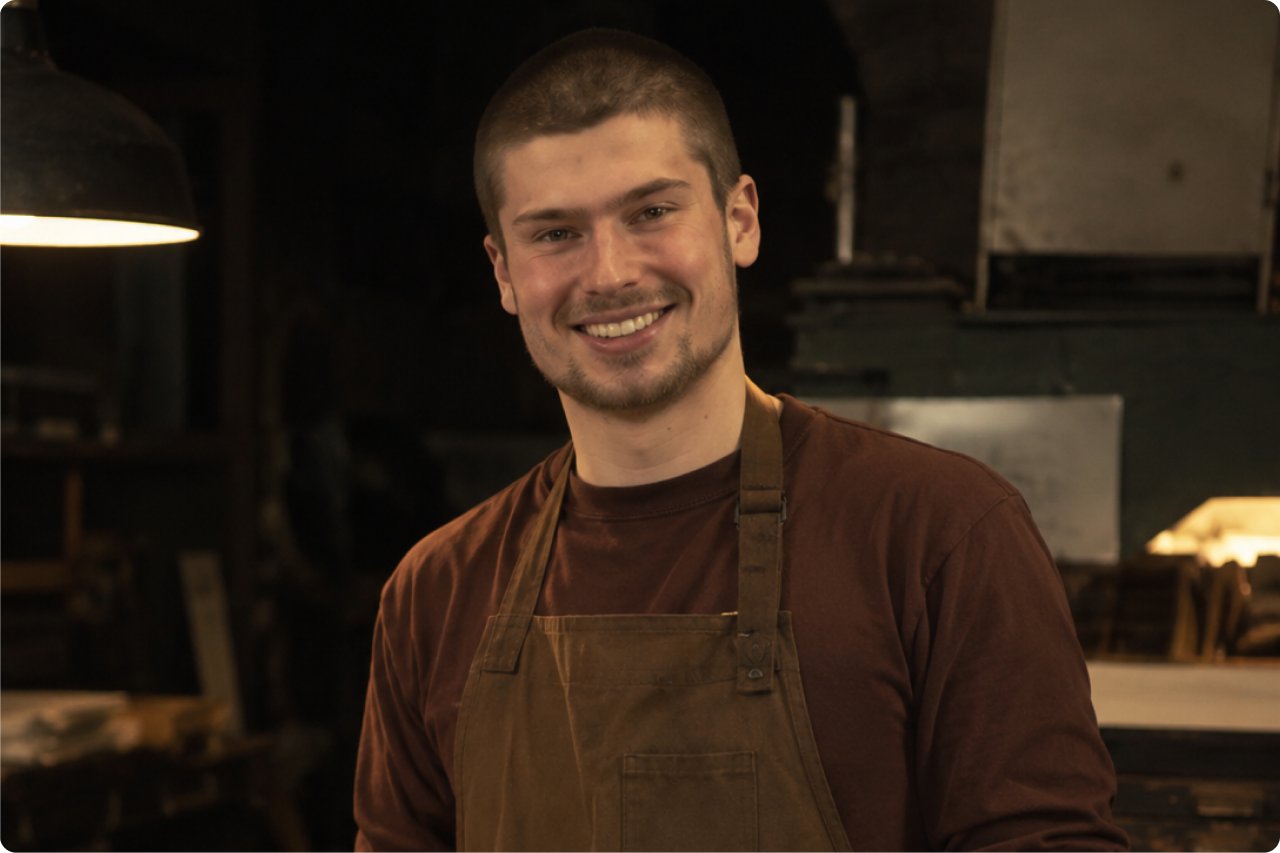 James Hartwell, founder of Legwork Press, smiling in the studio
