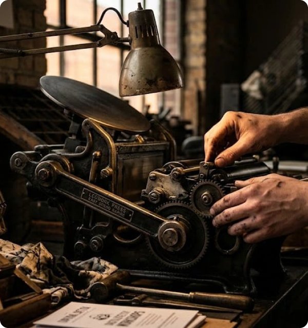 Hands operating a vintage letterpress under a work lamp in the Legwork Press studio