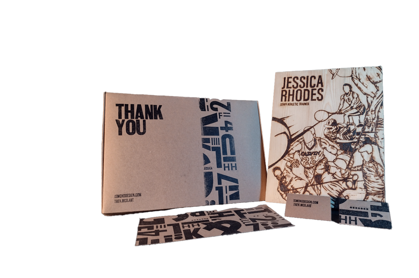 Letterpress THANK YOU card and laser-engraved Jessica Rhodes print, samples of Legwork Press commission work