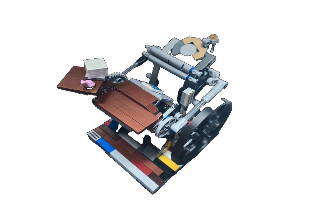 LEGO-brick model of a vintage platen letterpress, a collectible kit from Legwork Press