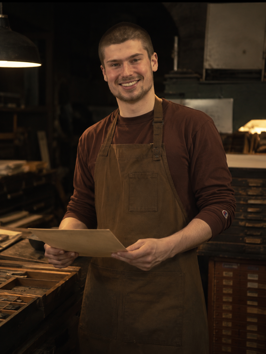 Founding printer and printing master in a brown canvas apron inside the Legwork Press Grand Rapids letterpress studio