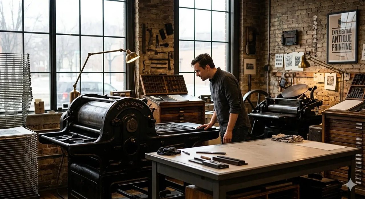 A printer studies a vintage Vandercook proofing press in the Legwork Press studio