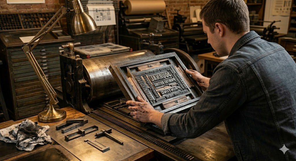 A printer locking a type form into the bed of a letterpress