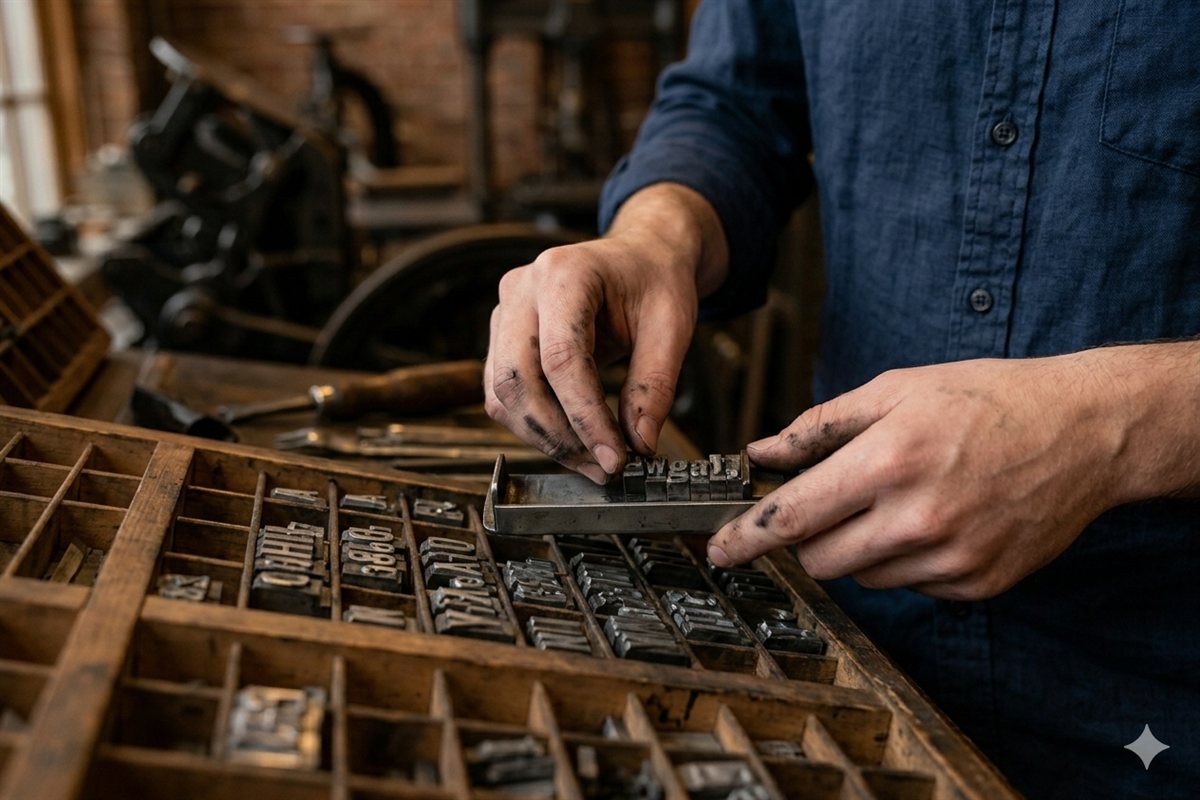 Hands selecting metal type from a wooden California job case