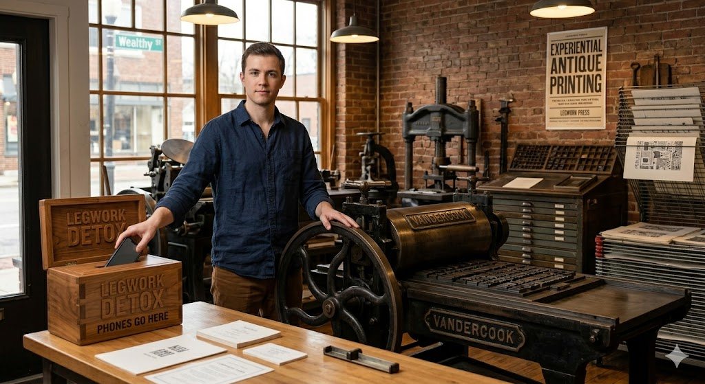A printer beside finished prints in the Legwork Press studio